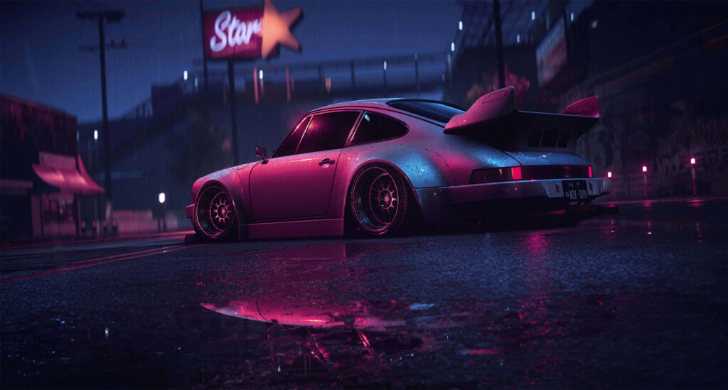 Red sports car with wide rear wing on wet neon-lit racing track at night reflecting in puddles Wallpaper