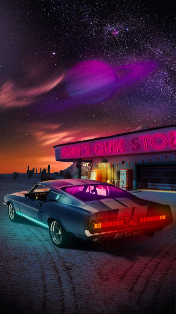 Red sports car speeding past retro diner under vibrant starry night sky with distant planets wallpaper