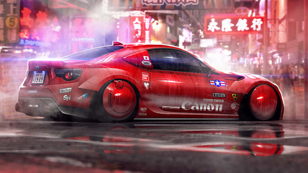 Red sports car speeding through neon-lit city street at night with vibrant colorful reflections Wallpaper