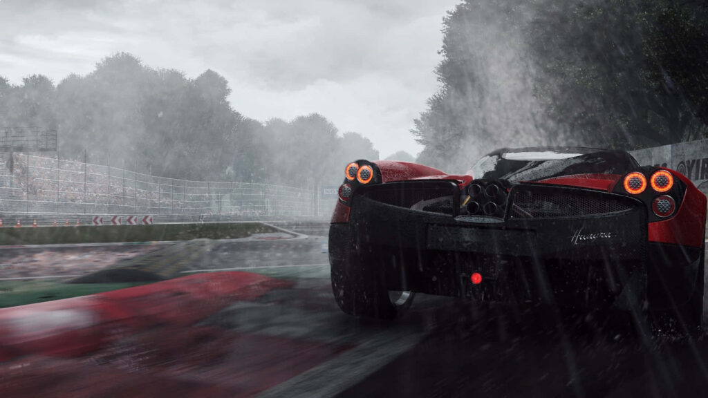 Red sports car racing on wet track in rain intense realistic Project Cars wallpaper background
