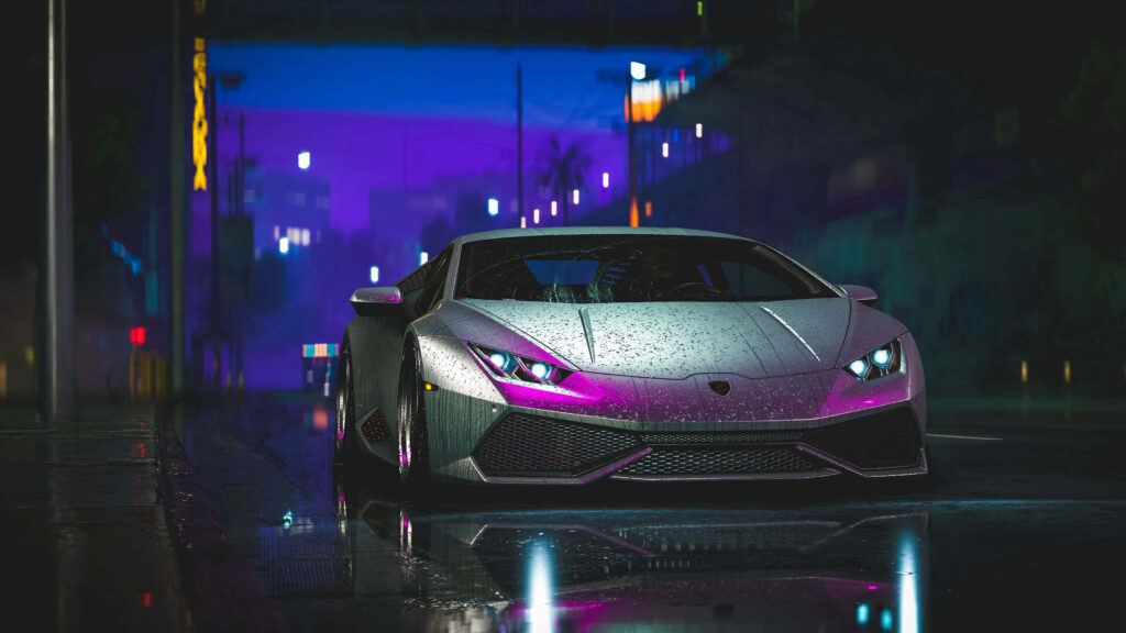 Red sports car speeding on wet racetrack at night with vibrant city lights and neon reflections Wallpaper
