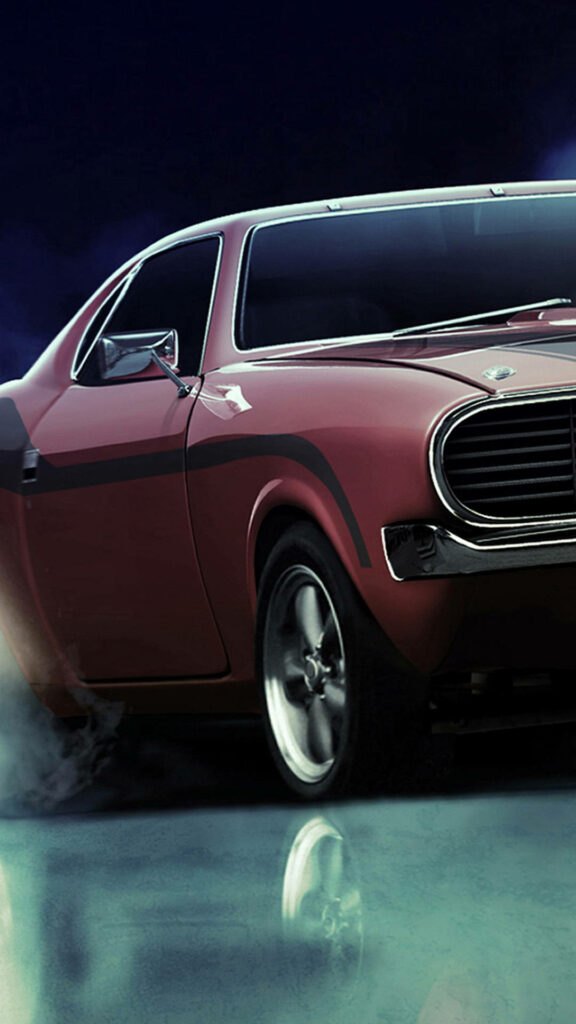 Red sports car drifting with tire smoke speeding on road dynamic automotive wallpaper background