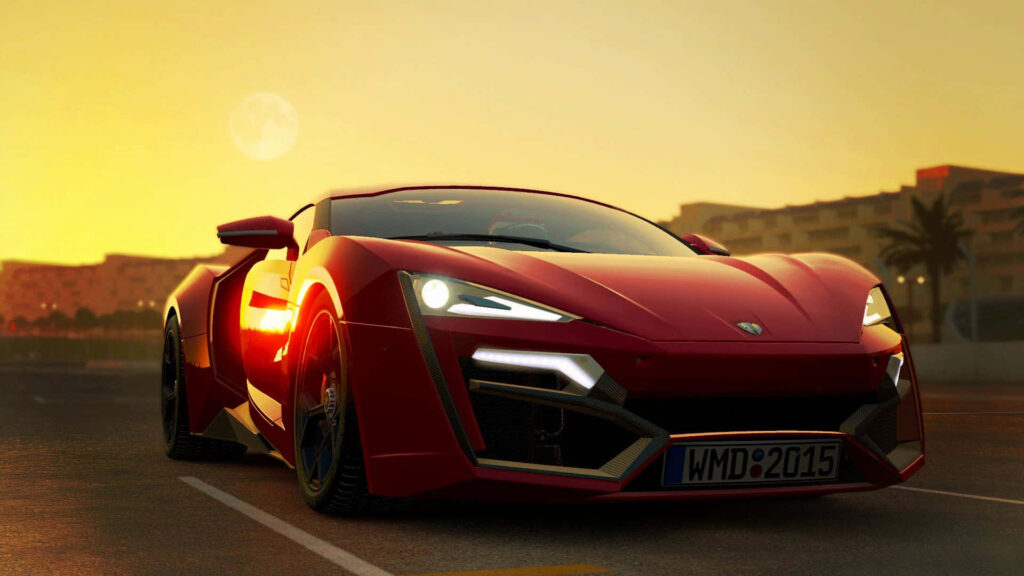 Red supercar speeding on highway at sunset with city skyline and palm trees background wallpaper