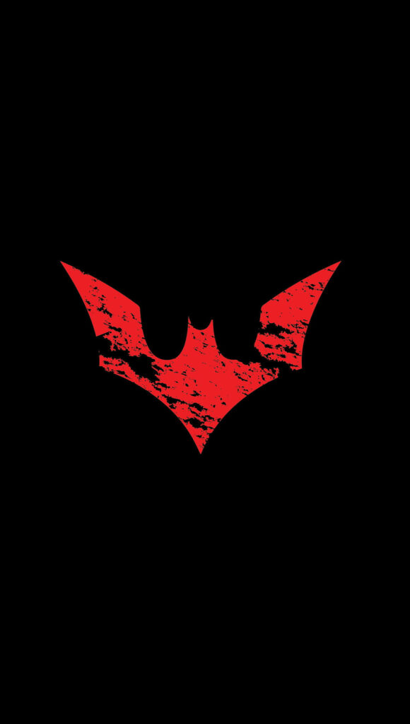 Red tattered Batman logo on black background iPhone wallpaper for superhero fans edgy design