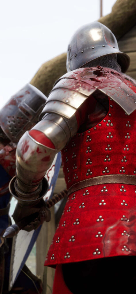 The Majestic Crimson Soldier: An Epic Mordhau-inspired Back View Portrait, Showcasing a Red Warrior in Exquisite Silver Armor Wallpaper
