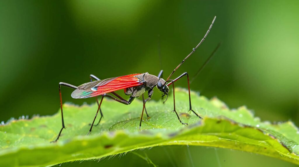 Red Winged Assassin Bug on green leaf showing vivid red wings and slender legs close-up Wallpaper