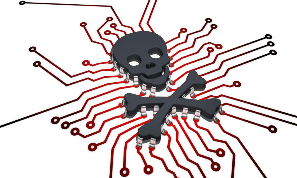 Digital Intrusion: Dark, Red Motherboard with Skull and Crossbones on White Background - High-Res Hacker Image Wallpaper