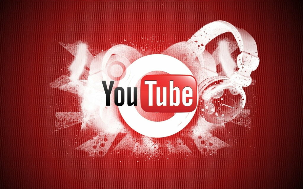 HD digital YouTube logo with grunge brushstrokes and headphones on deep red textured background Wallpaper