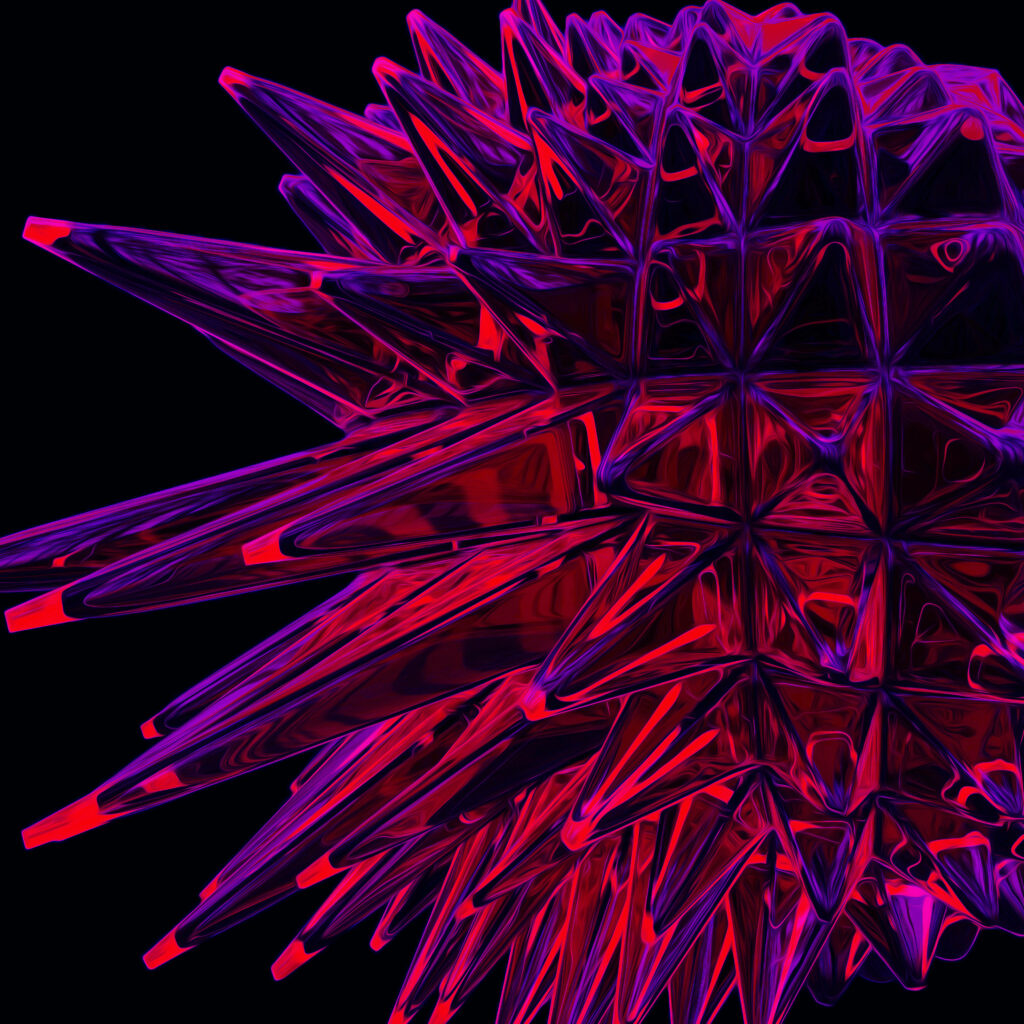 Sharp red and purple crystal spikes with reflective surfaces on black abstract geometric background Wallpaper