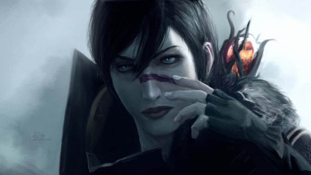 Dragon Age Inquisition wallpaper: Enigmatic witch with red-eyed creature on shoulder for magical fantasy background