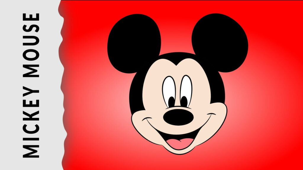 Vibrant Mickey Mouse desktop wallpaper with cheerful illustration and bold red gradient background