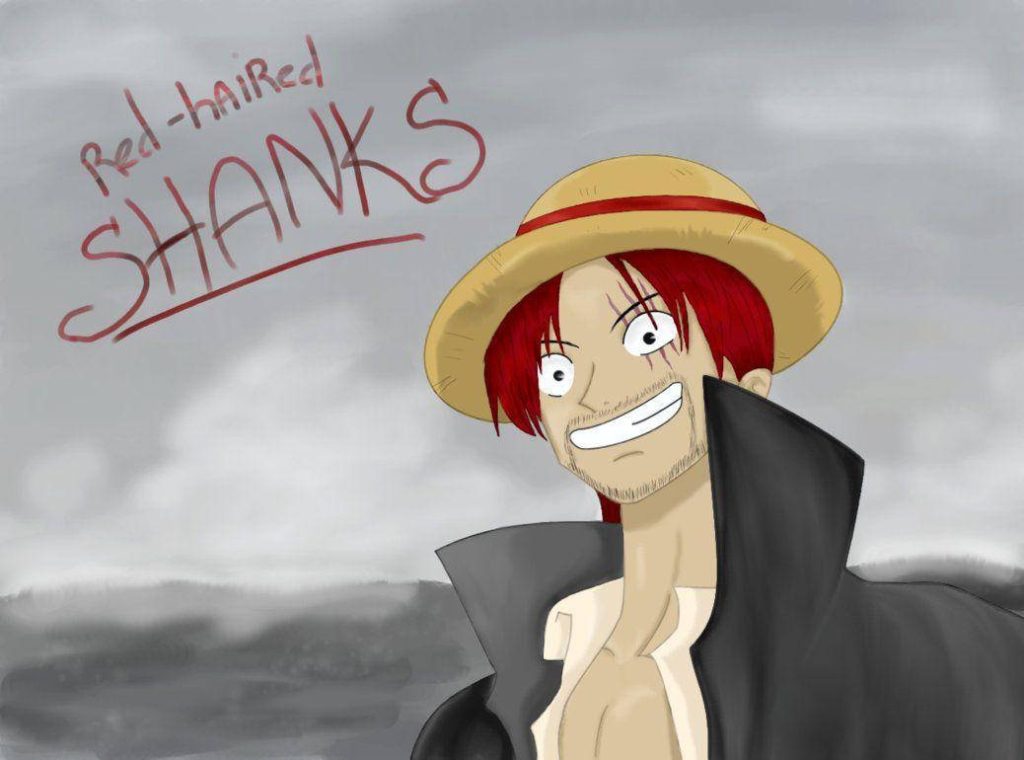 Red-Haired Shanks from One Piece in iconic straw hat and cloak against foggy gray background Wallpaper