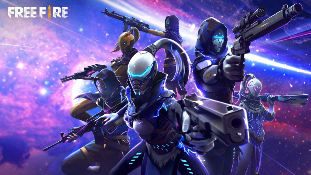 Galactic Drama: Iconic Free Fire 2021 Poster with Characters Striking a Pose Amidst a Purple Cosmos Wallpaper
