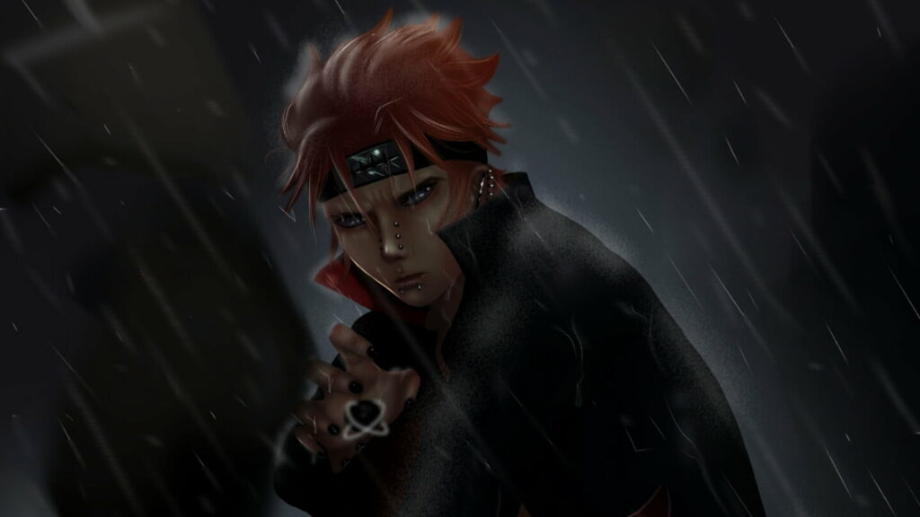 Vibrant Red Flames Amidst Rainy Desolation: A Riveting Portrait of a Redhead in a Black Dress Embodying the Inner Struggles of Naruto's Pain Wallpaper