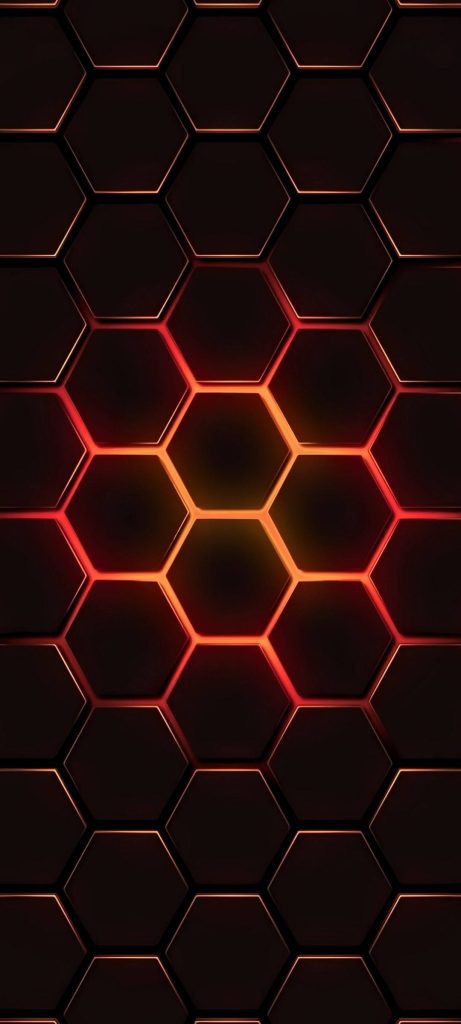 Redmi Note 10 wallpaper dark honeycomb pattern with glowing orange red edges futuristic design