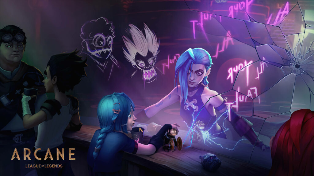 Reflections of Destiny: Jinx's Bar Encounter with Her Past Self Through the Shattered Mirror in Arcane Wallpaper