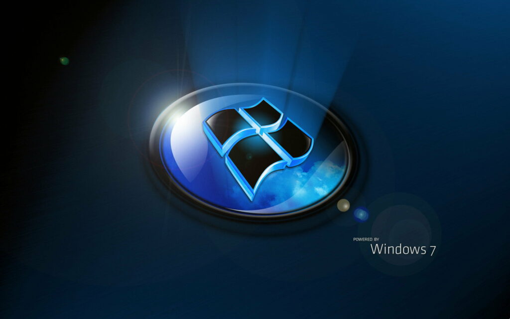 Glossy blue Windows 7 logo in illuminated oval with tech-inspired dark moody background wallpaper