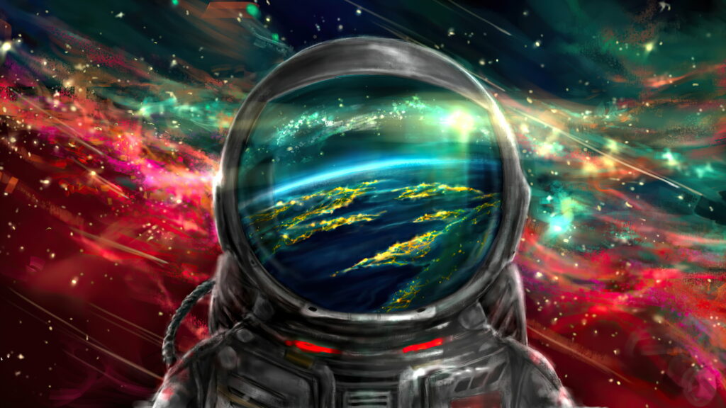 An Astronaut's Dazzling Journey Through a Colorful Cosmos: Reflective Galaxy Splendor in HD Wallpaper