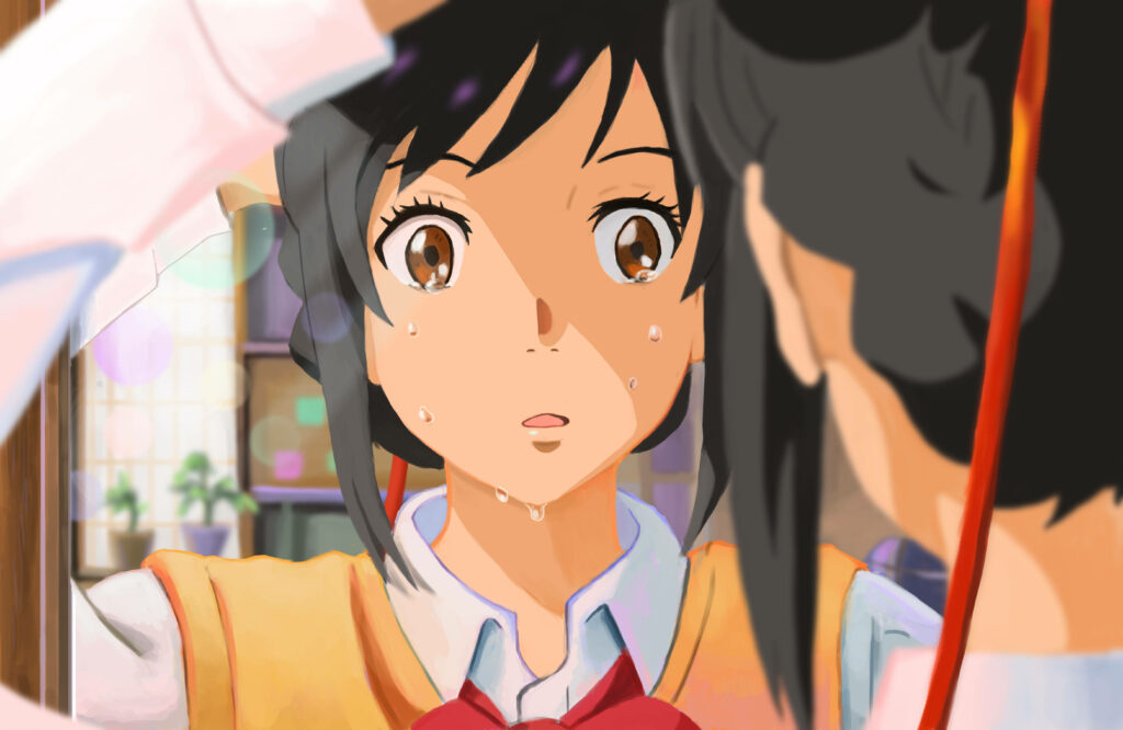 Dual Reflections: Mitsuha Miyamizu's Enchanting Encounter with Her Other Self in the Mirror - Striking Your Name 4k Wallpaper