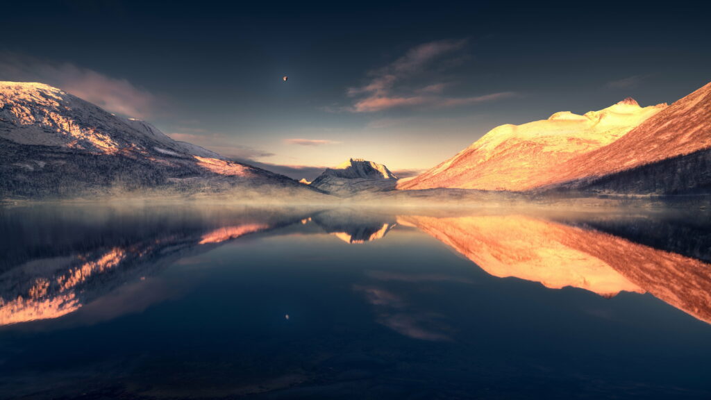 Nature's Majestic Mirror: A Breathtaking Mountain Landscape Reflected in a Serene Lake Wallpaper