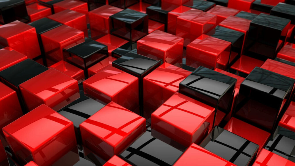 Vibrant glossy red and black 3D cubes with futuristic reflections high-tech wallpaper design