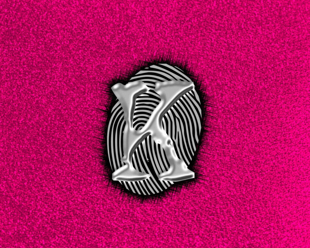 Feminine Elegance: Sparkling Silver 'K' Alphabet Wallpaper with a Playful Pink Background Adorned by a Shimmering Fingerprint Design