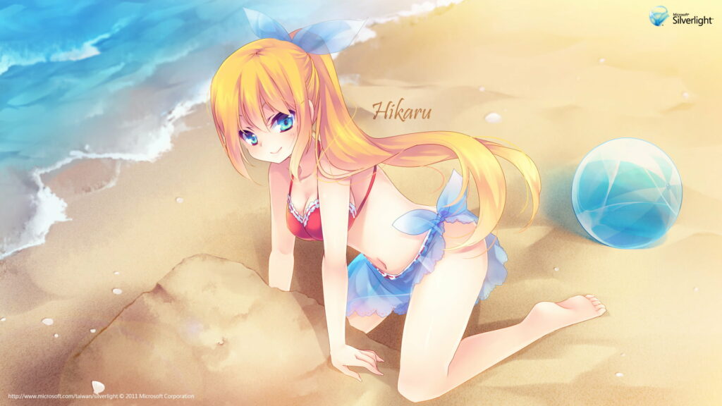 Ethereal Beauty of Aizawa Hikaru - Sun-Kissed Anime Goddess in Swimsuit by the Azure Sea Wallpaper
