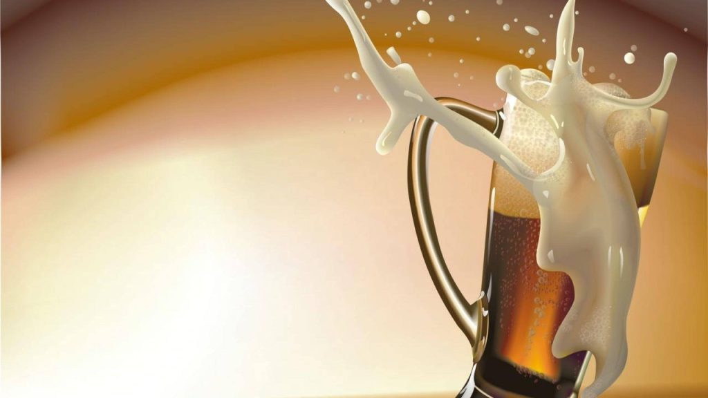 Vibrant digital beer mug with creamy foam splash on warm amber gradient background wallpaper
