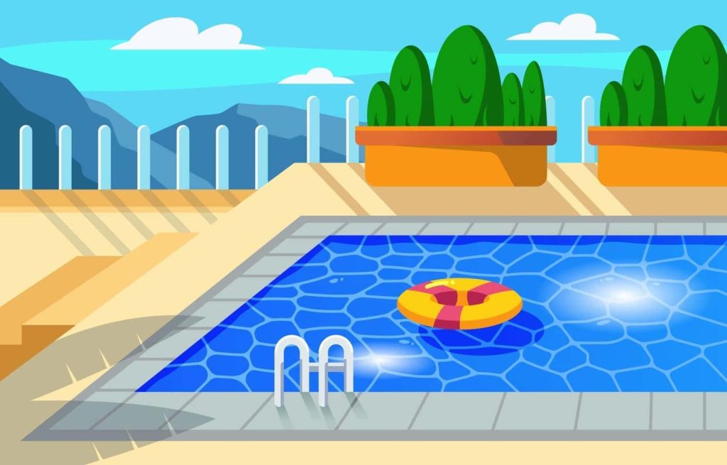 Bright blue pool with yellow floatie and sunlit planters in vibrant summer vector art background Wallpaper