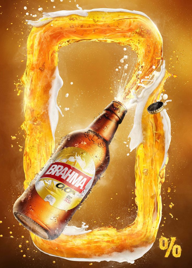 CGI Brazilian Brahma zero alcohol beer bottle with cap flying off golden splash wallpaper