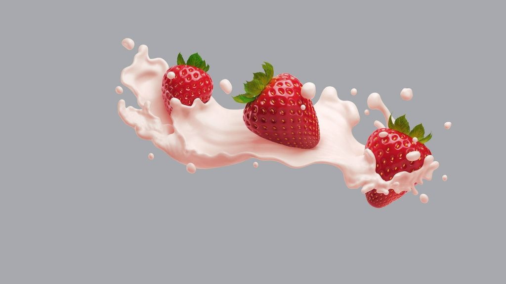 Floating milk splash with three fresh strawberries CGI wallpaper on grey background