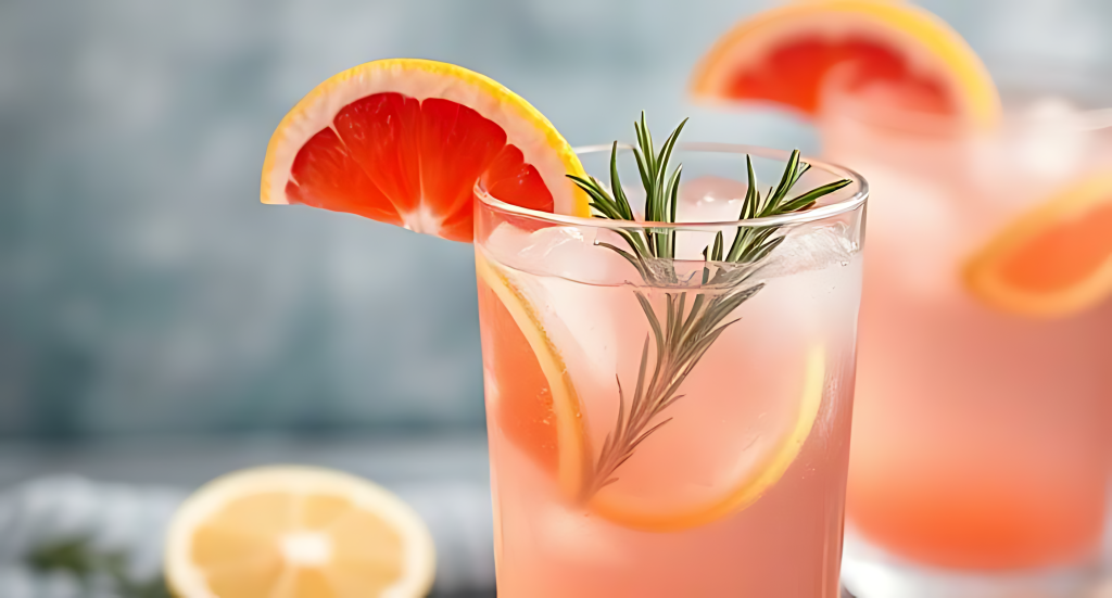 Refreshing grapefruit cocktail with ice rosemary and citrus wedge summer drink wallpaper