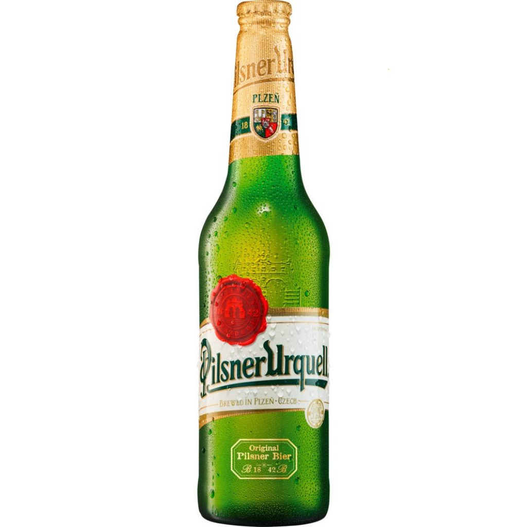 Classic Pilsner Urquell green bottle with condensation droplets isolated on white background wallpaper