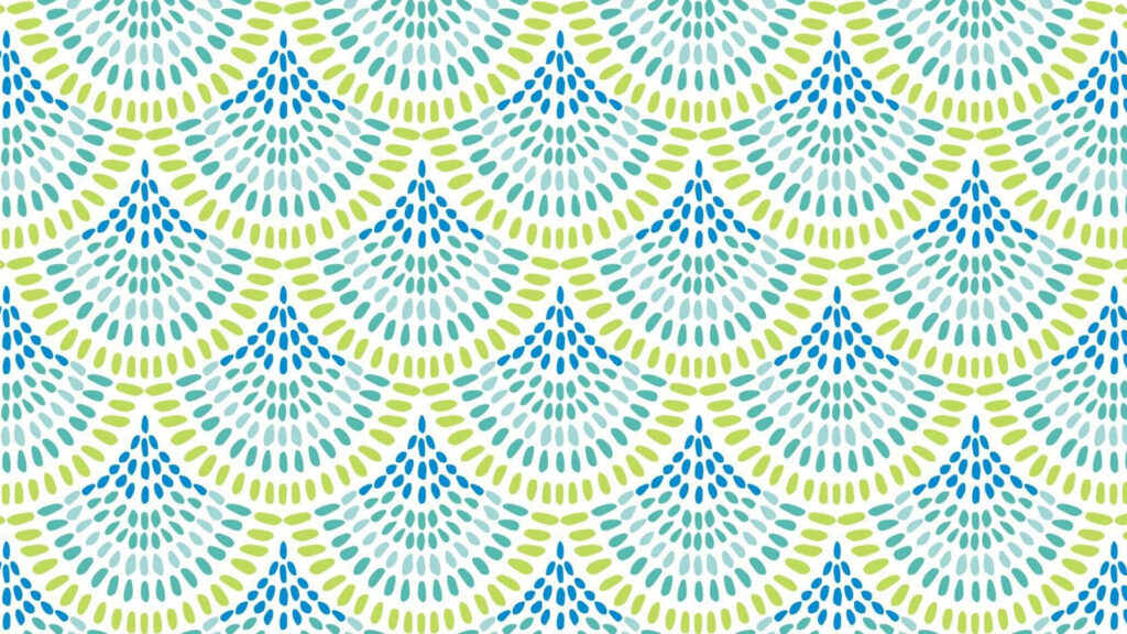 Vibrant blue and green fan pattern wallpaper with dotted geometric design for lively decor