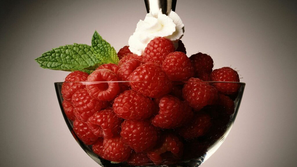 Delightful Wallpaper: Fresh Raspberries & Creamy Mint Garnish