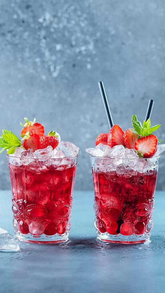 Two glasses of icy strawberry juice garnished with fresh strawberries and mint on blue background Wallpaper