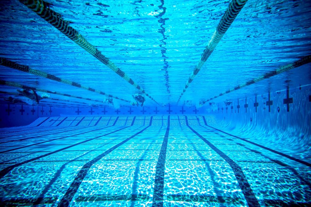 Underwater view of swimming pool with bright blue water black lane markers and swimmers silhouette Wallpaper