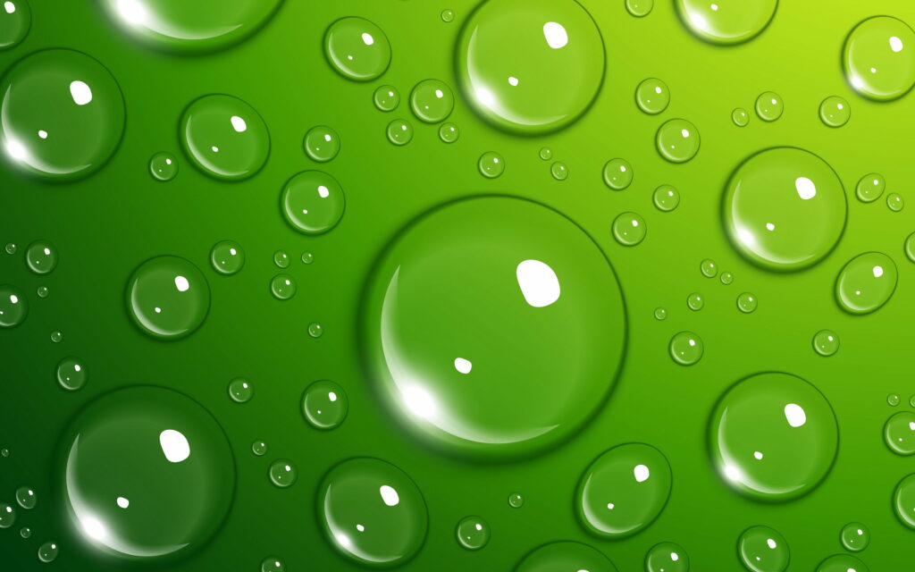 Refreshing Rhythms: Captivating Water Droplets and Bubbles Dance on Green Canvas in a Mesmerizing Texture - 4K Wallpaper Background