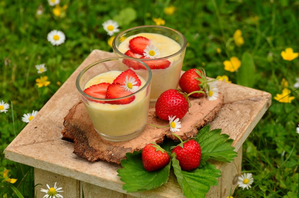 Refreshing Yogurt Wallpaper: Creamy Delight with Strawberries & Flowers