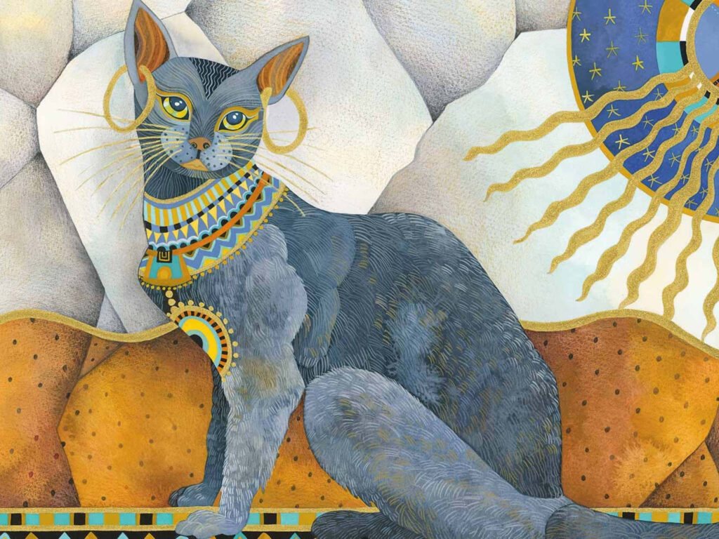 Elegant Egyptian Cat Wallpaper with Gold Jewelry and Soothing Patterns
