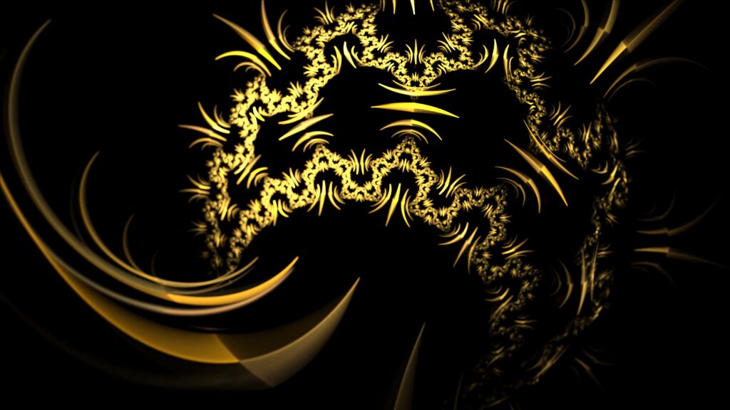 Abstract golden yellow king and queen crown patterns on black background elegant digital art wallpaper