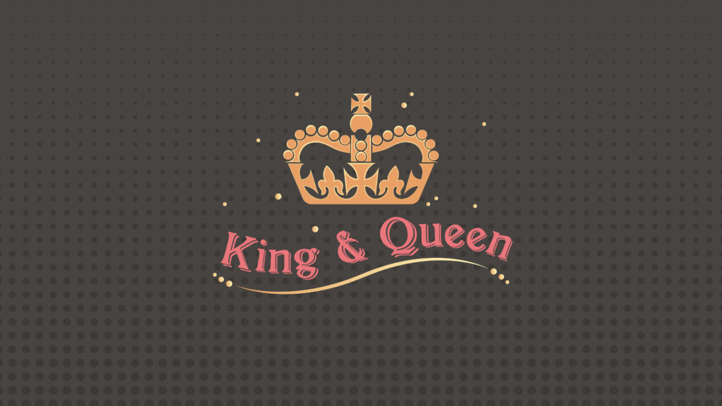 Gold crown with King and Queen pink gold script on dark gray dotted minimalist wallpaper background