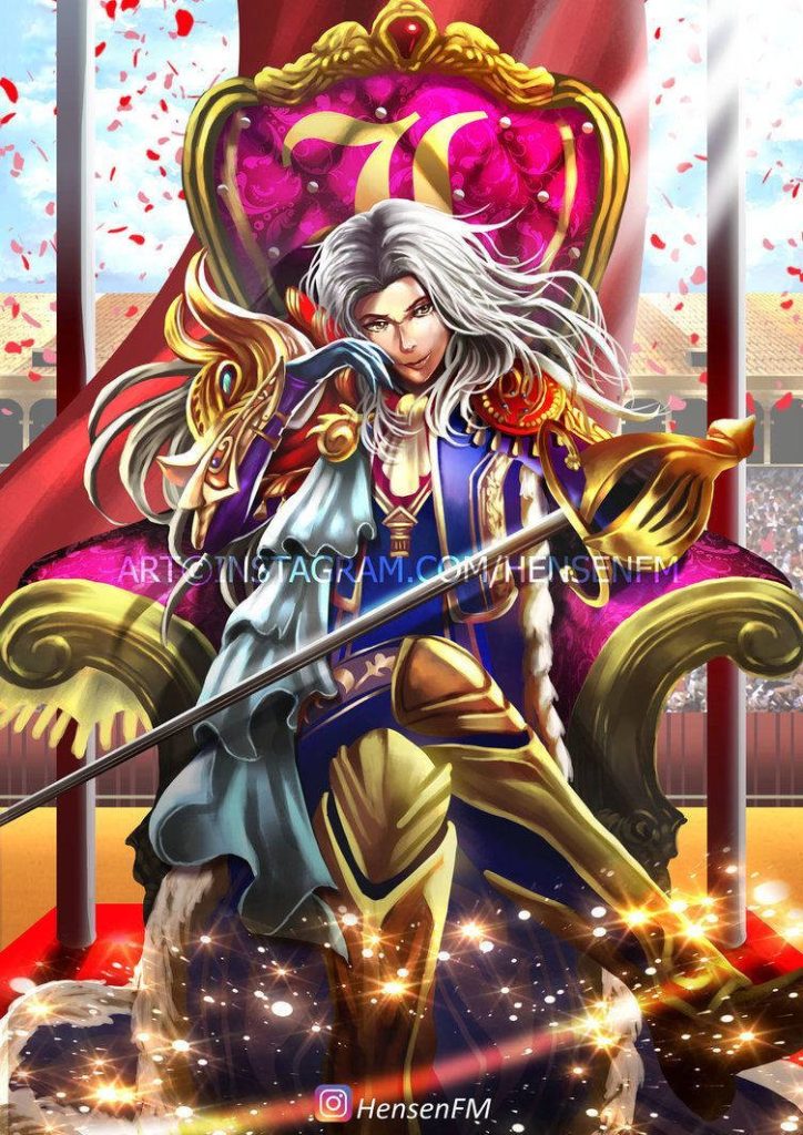 Lancelot Mobile Legends fanart on golden throne blue gold armor rapier coliseum red petals wallpaper