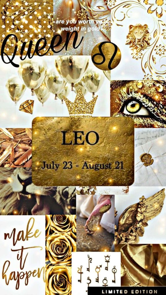 Leo zodiac wallpaper with roaring lion gold crown roses symbolizing strength and courage