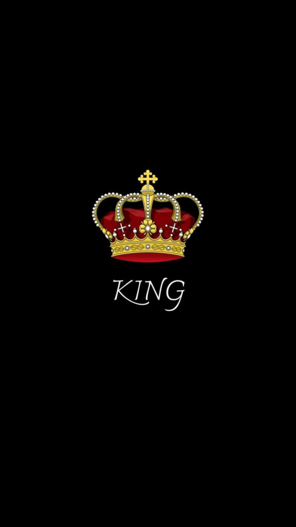 Gold king crown with red velvet pearls on black background minimalist luxury wallpaper king text