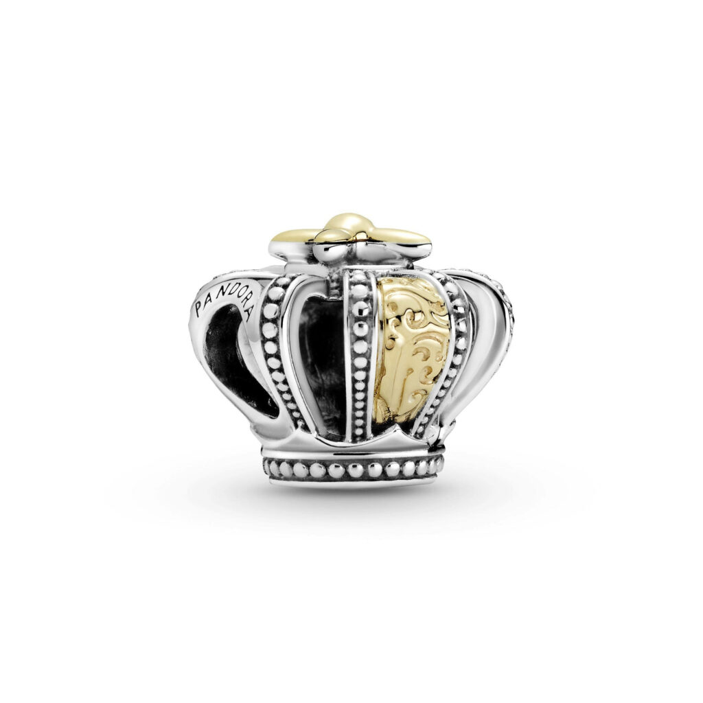 Regal crown charm wallpaper with silver and gold tones detailed beaded ornate metallic design