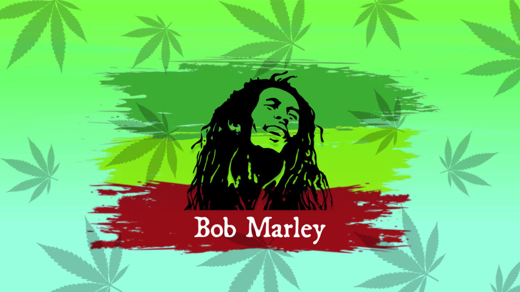Reggae-inspired Bob Marley Stencil Art on Vibrant Green Weed Leaf Wallpaper