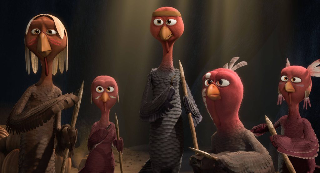 3D animated Free Birds wallpaper with Reggie turkeys holding spears in cinematic dim light