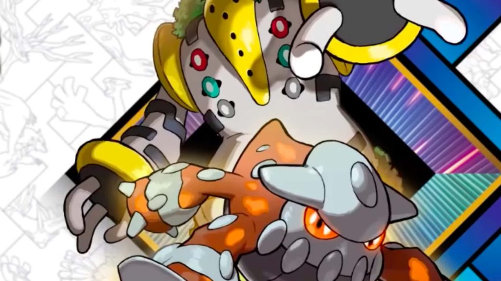 Regigigas with molten Heatran in vibrant glitch art background digital Pokémon illustration Wallpaper