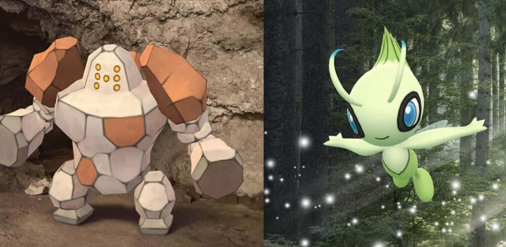 Epic Regirock and Celebi Wallpaper: Legends in Nature's Contrast
